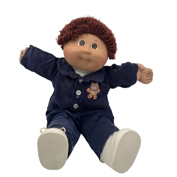 Cabbage Patch Kid Boy Doll 80's Red Curly Hair Corduroy Bear Suit Brown Eyes - Picture 4 of 16